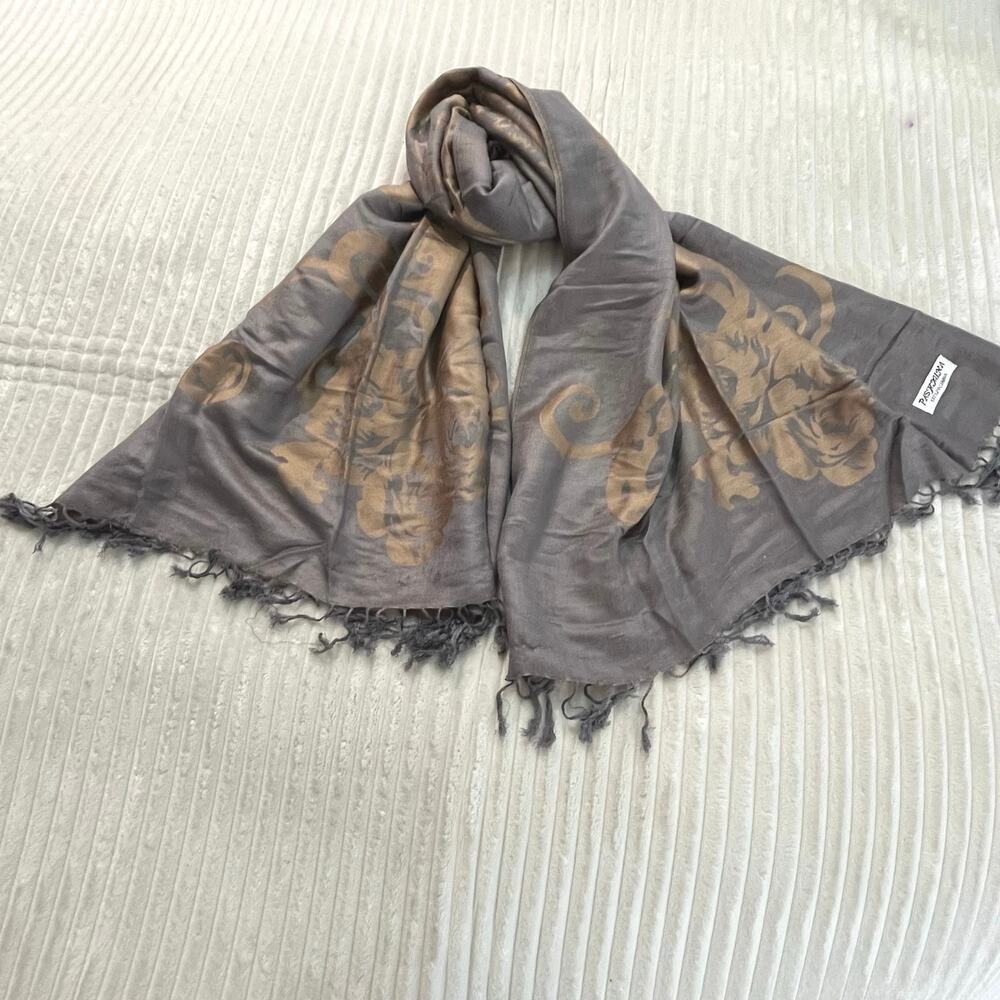 Pashmina Women Scarf Shawl Wrap Fringes OS Boho Hippie Floral Silver Beach